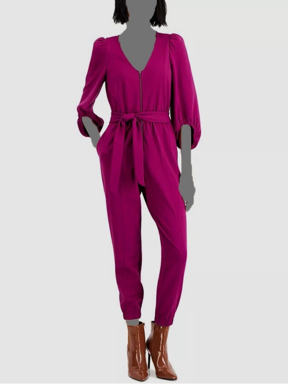 INC International Concepts Fuchsia Zip-Front Tie-Waist Jumpsuit